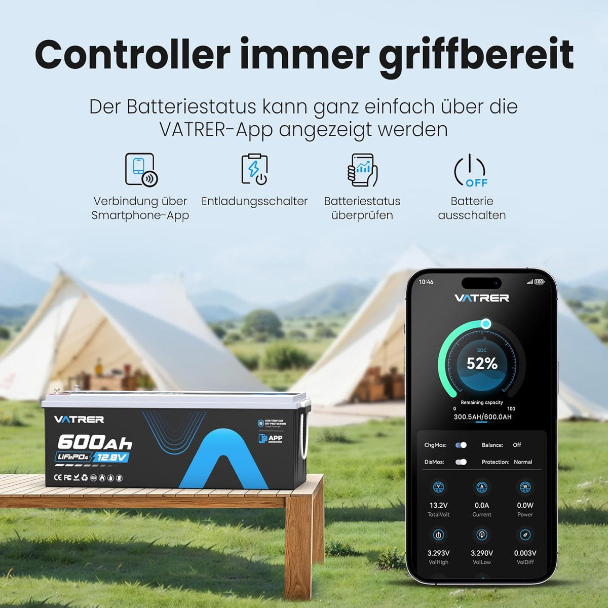 Batería de Litio LiFePO4 12 V 600 Ah con App, BMS 300 A y 3840 W para Autocaravana y Solar