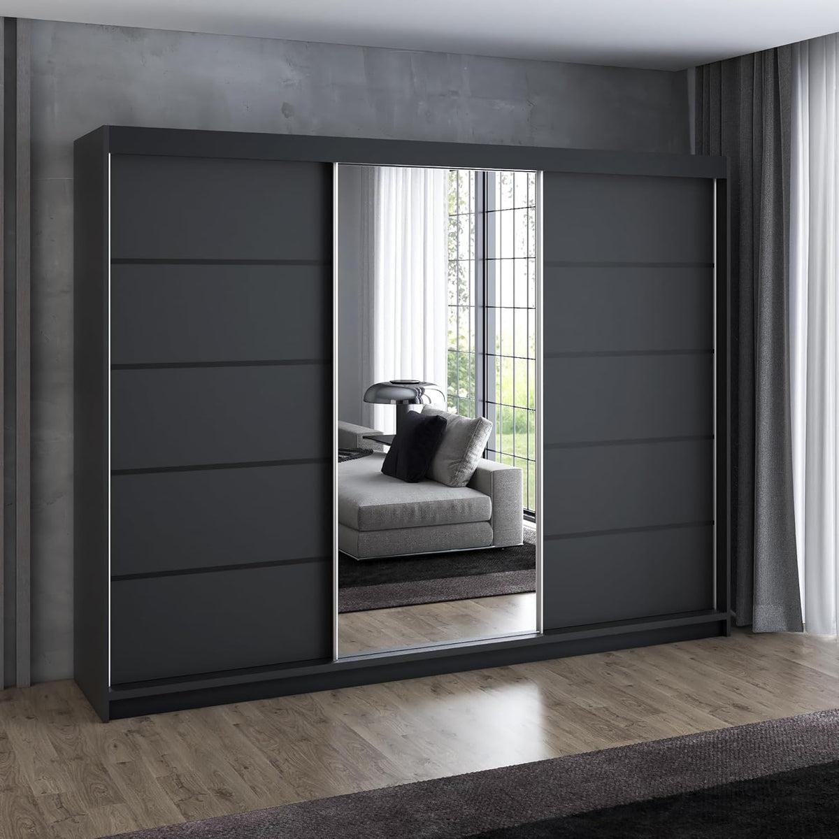 A&J MöbelLand VILUNO 2 Armario de Puertas Correderas 200 cm con Espejo y 4 Cajones, Negro