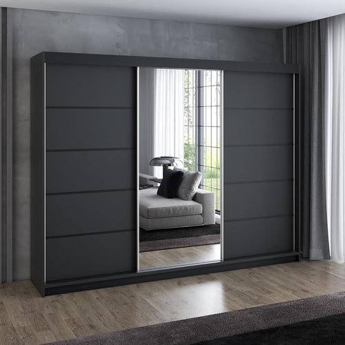 A&J MöbelLand VILUNO 2 Armario de Puertas Correderas 200 cm con Espejo y 4 Cajones, Negro
