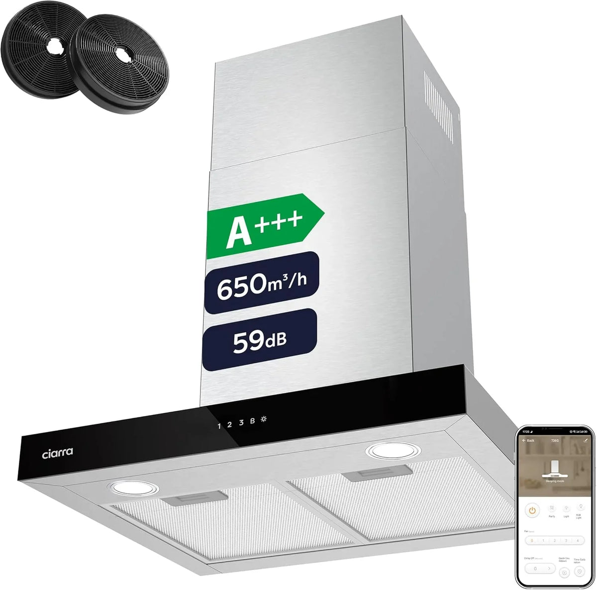 CIARRA CBCS6102 Campana Extractora 60 cm 650 m³/h, Control Táctil y WiFi, 4 Velocidades, Inox