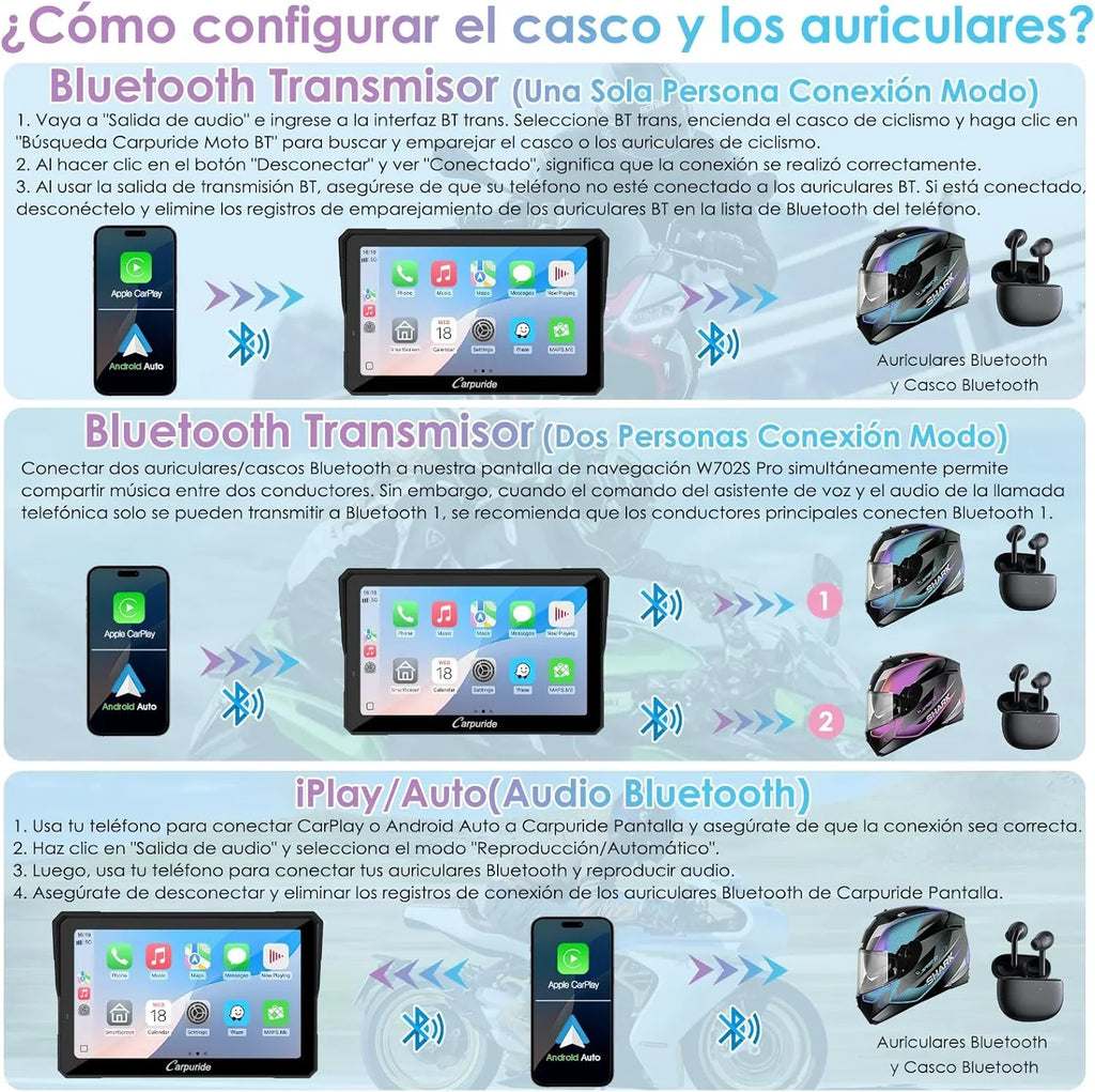 CARPURIDE W702S Pro Pantalla CarPlay para Moto 7" con Soporte BM05, Android Auto Inalámbrico