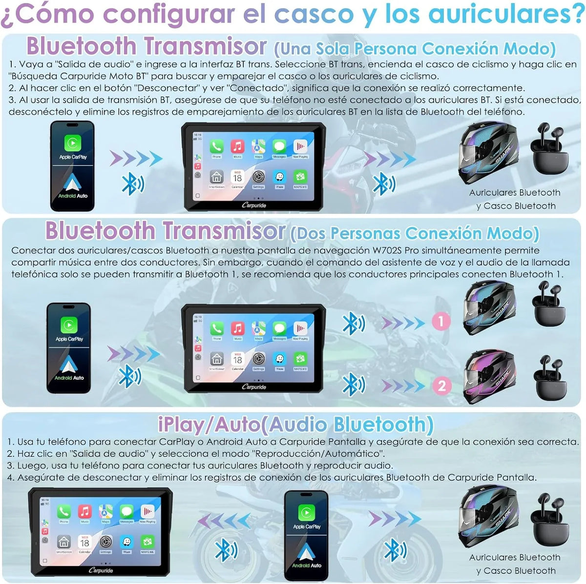 CARPURIDE W702S Pro Pantalla CarPlay para Moto 7" con Soporte BM05, Android Auto Inalámbrico