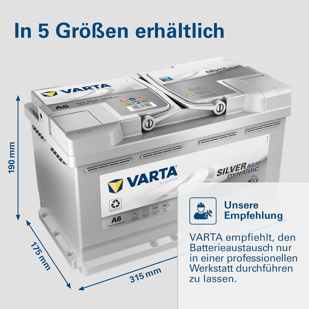 VARTA Silver Dynamic AGM A6 Batería de Coche 12 V 80 Ah 800 A para Start-Stop