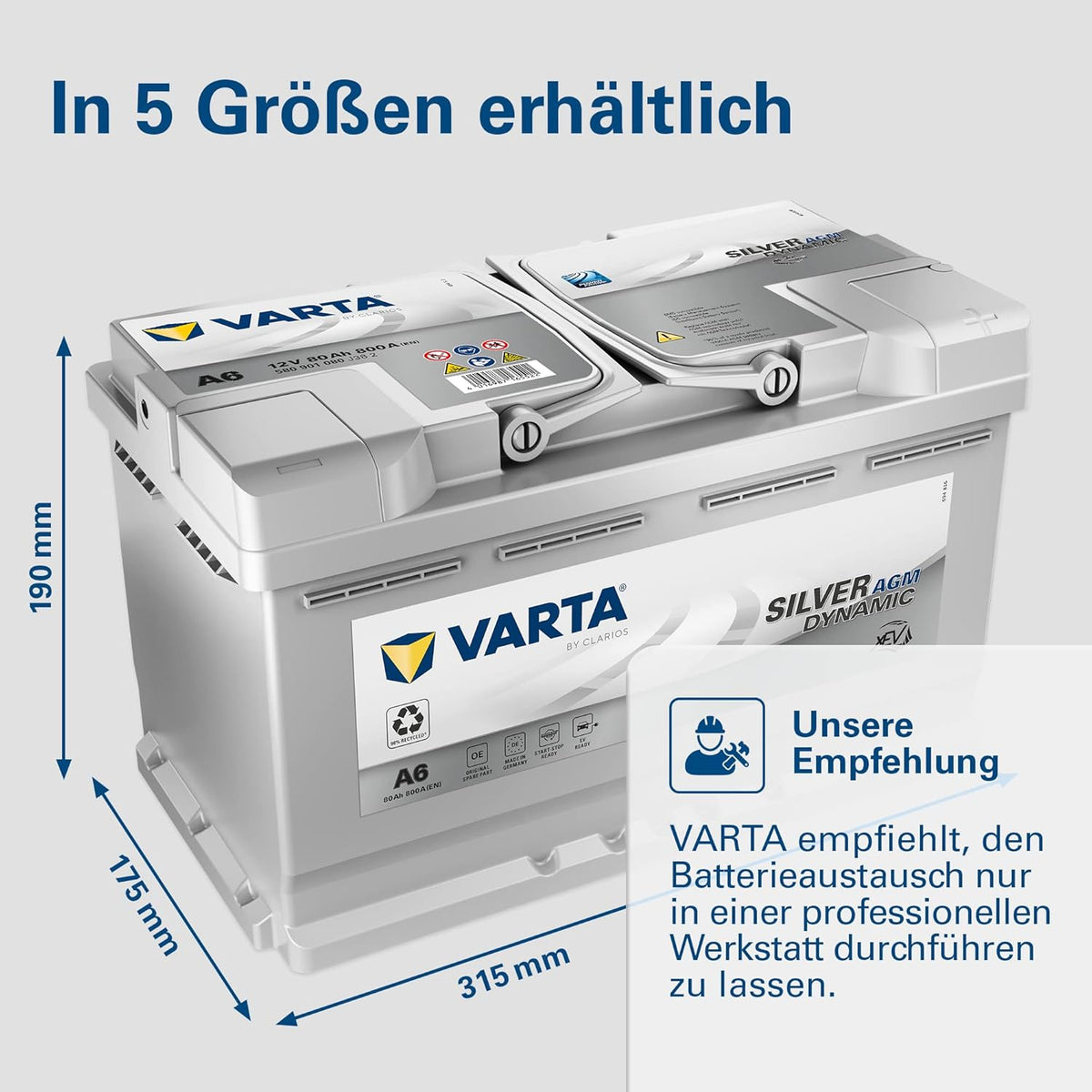 VARTA Silver Dynamic AGM A6 Batería de Coche 12 V 80 Ah 800 A para Start-Stop