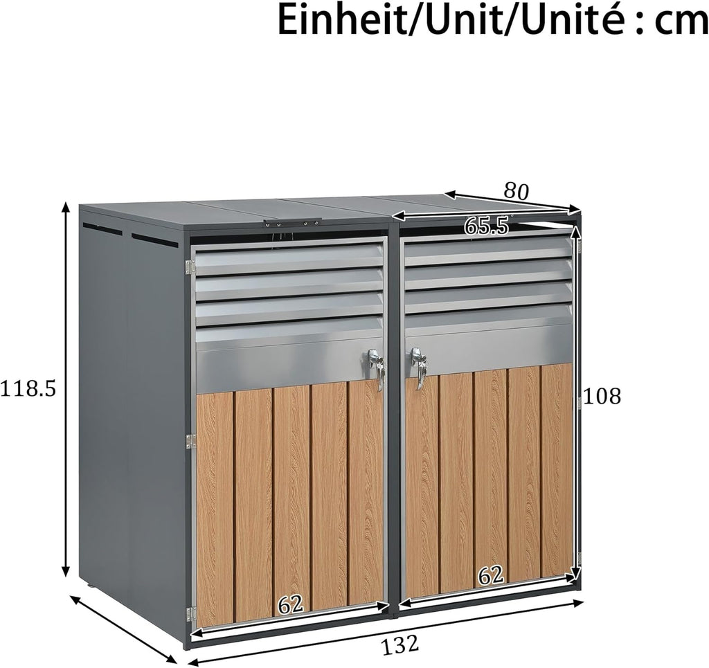 Cubre Contenedores Cuádruple para 4 Cubos de 240 L con Tapa Hidráulica y Cerradura, Gris Efecto Madera