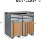 Cubre Contenedores Cuádruple para 4 Cubos de 240 L con Tapa Hidráulica y Cerradura, Gris Efecto Madera