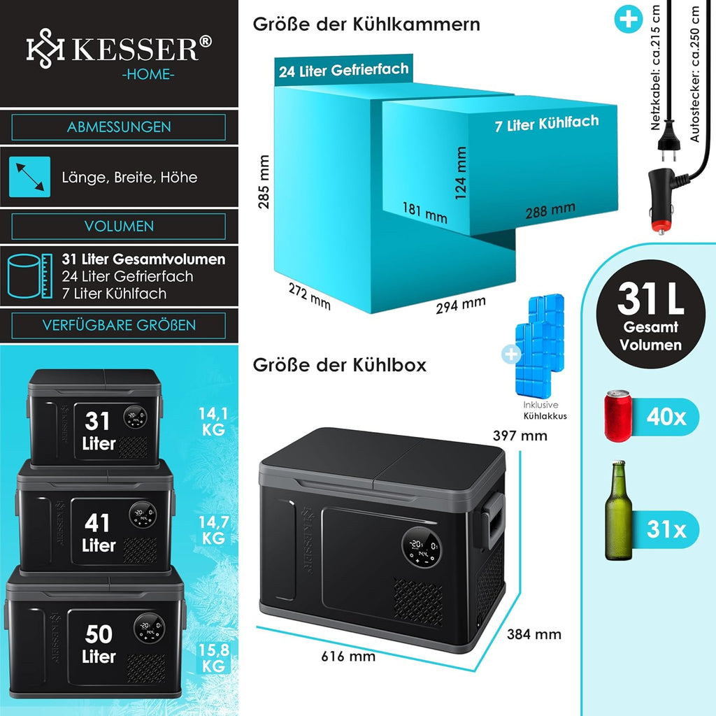 KESSER Nevera Portátil de Compresor Doble Zona hasta -20 °C con Pantalla Táctil, 12/24 V y 230 V