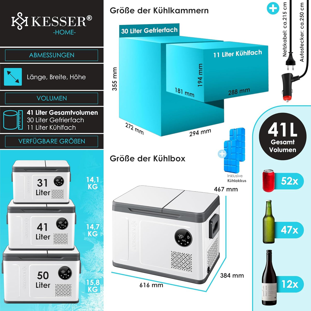 KESSER Nevera Portátil de Compresor Doble Zona hasta -20 °C con Pantalla Táctil, 12/24 V y 230 V