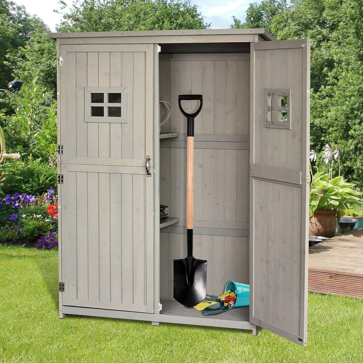Outsunny Armario de Jardín de Madera Maciza 127,5 x 50 x 164 cm con Doble Puerta y Techo Impermeable