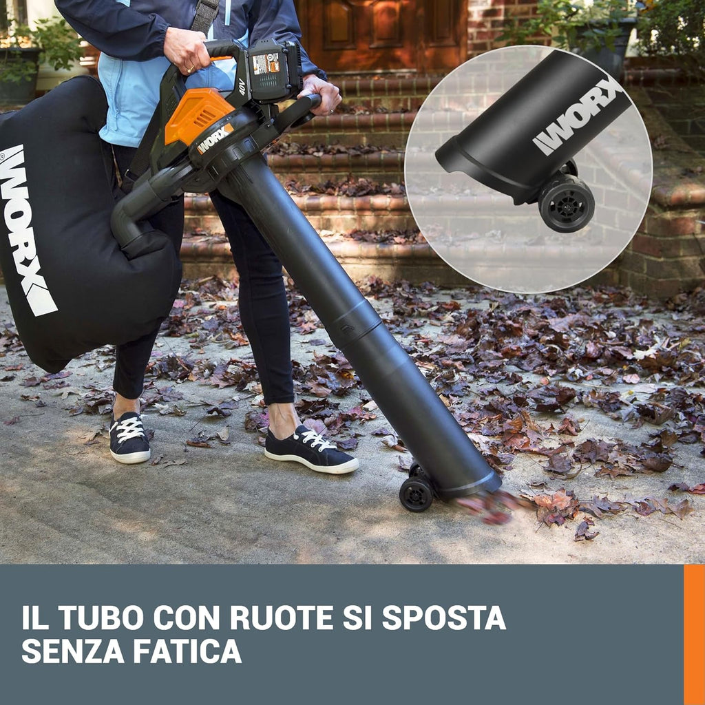 WORX WG583E Soplador Aspirador de Hojas 40 V (2x20 V) con 2 Baterías y Cargador Doble, Bolsa 35 L