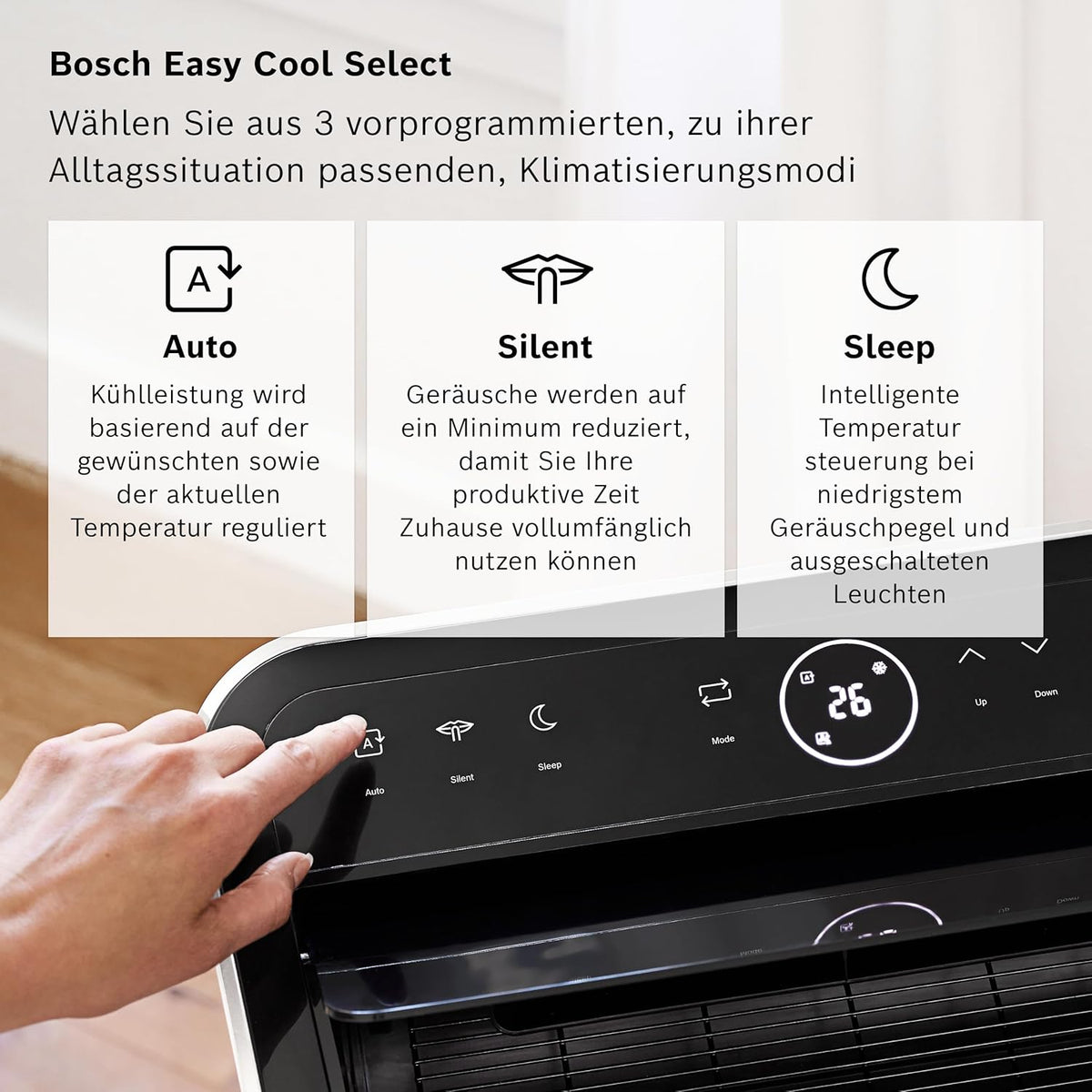 Bosch Cool Aire Acondicionado Portátil 3 en 1 con Modos Auto, Silencio y Noche
