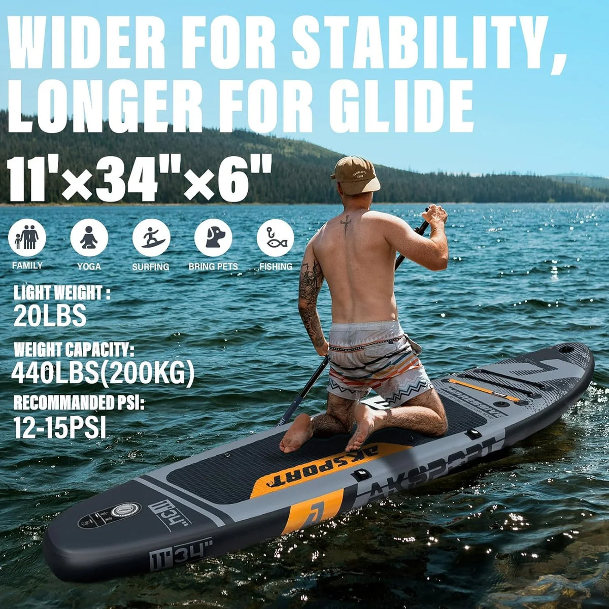 AKSPORT Tabla de Paddle Surf Hinchable 335 cm Extra Ancha con Todos los Accesorios y Asiento de Kayak