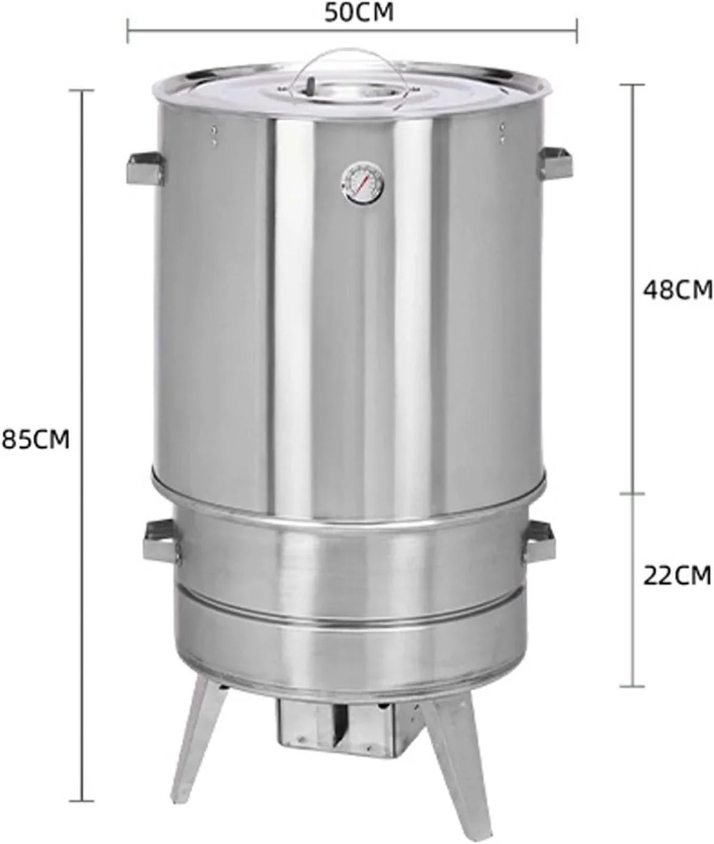 Ahumador Barril de Acero Inoxidable Ø 50 cm con Termómetro, Ganchos y Cenicero