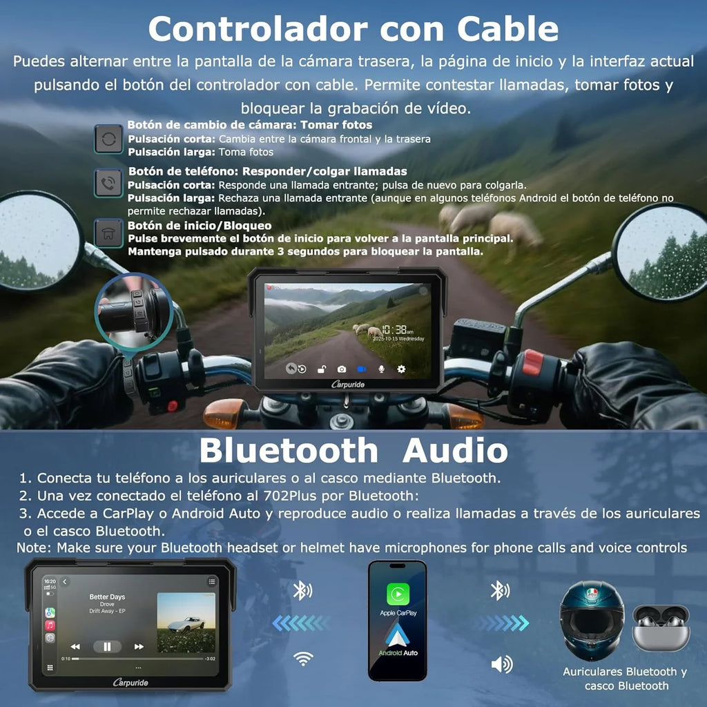 Carpuride W702 Plus Pantalla CarPlay para Moto 7" Android, CarPlay y Android Auto Inalámbricos, Doble Cámara