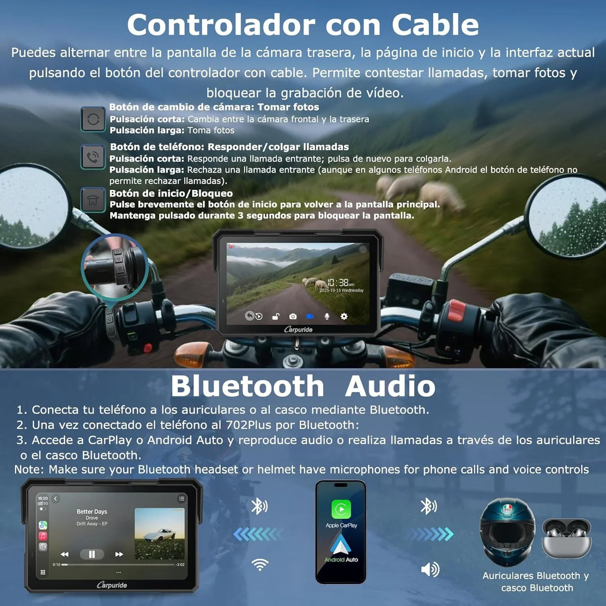 Carpuride W702 Plus Pantalla CarPlay para Moto 7" Android, CarPlay y Android Auto Inalámbricos, Doble Cámara
