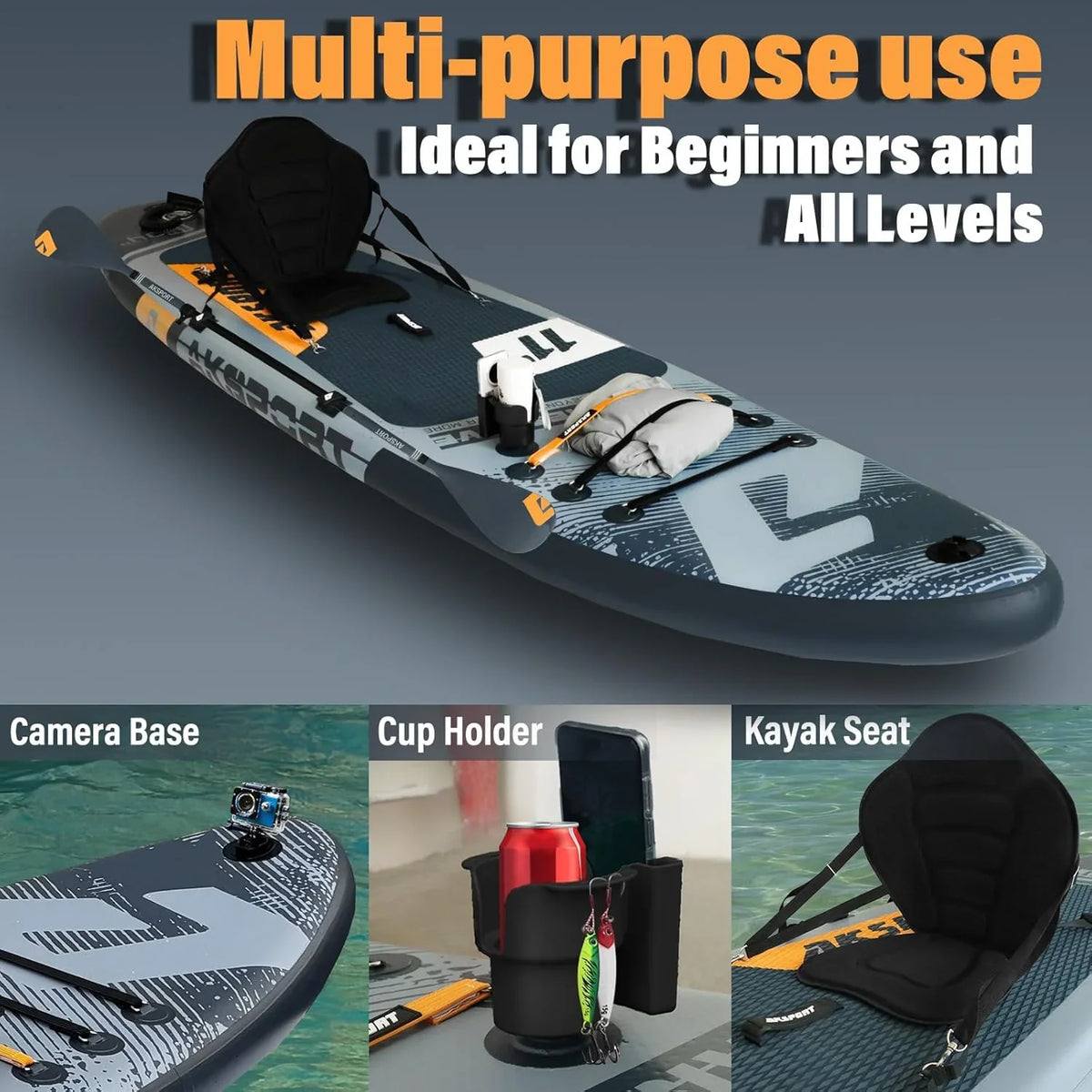 AKSPORT Tabla de Paddle Surf Hinchable 335 cm Extra Ancha con Todos los Accesorios y Asiento de Kayak