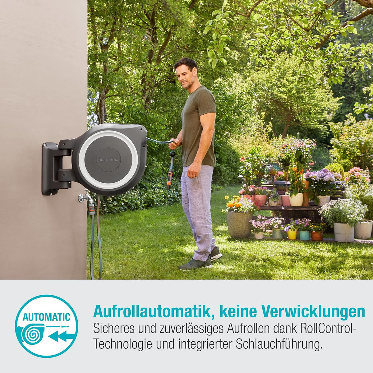 Gardena RollUp M/L Portamangueras de Pared con Manguera de 25 m, Blanco y Gris