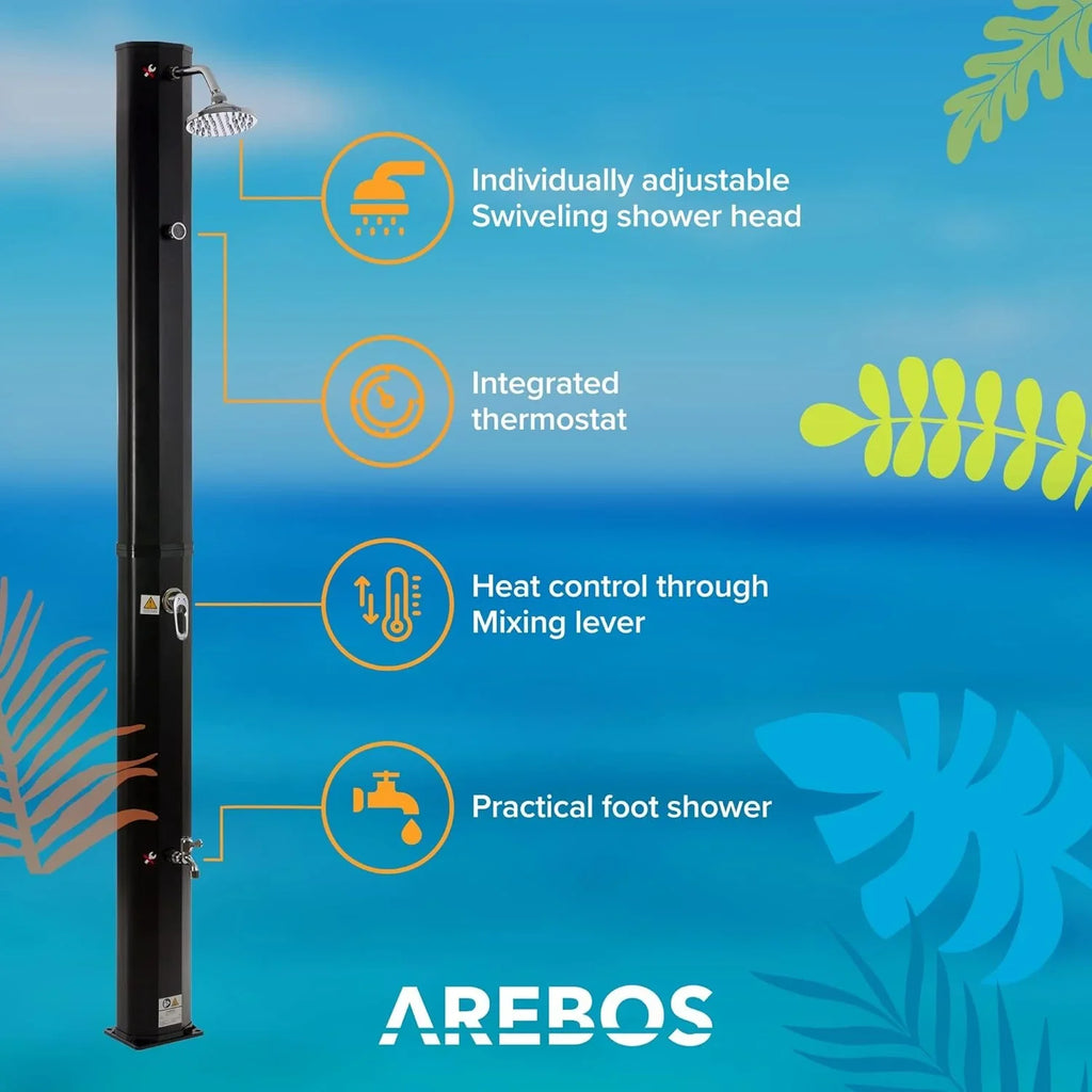 Arebos Ducha Solar 35 L de 216 cm con Termómetro y Lavapiés, Negra