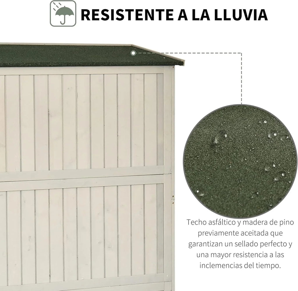 Outsunny Armario de Jardín de Madera Maciza 127,5 x 50 x 164 cm con Doble Puerta y Techo Impermeable