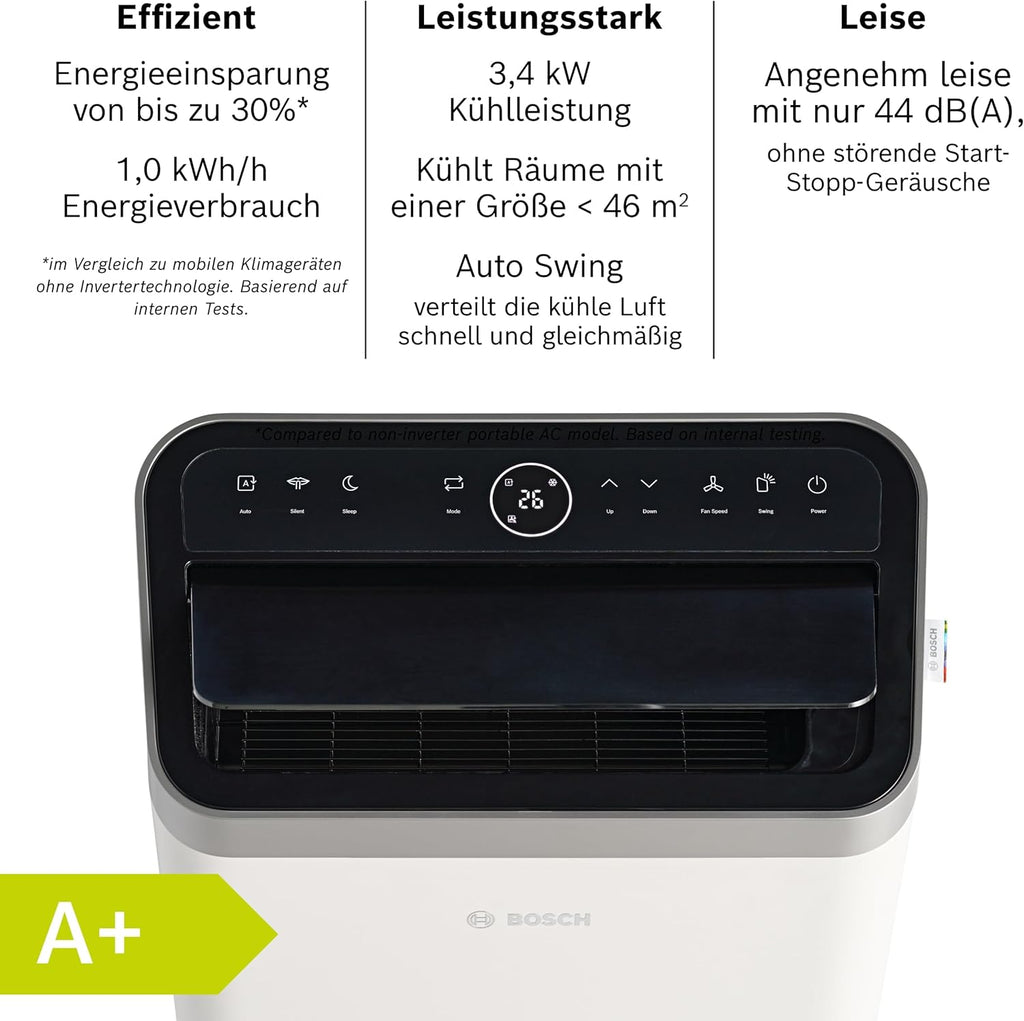 Bosch Cool Aire Acondicionado Portátil 3 en 1 con Modos Auto, Silencio y Noche