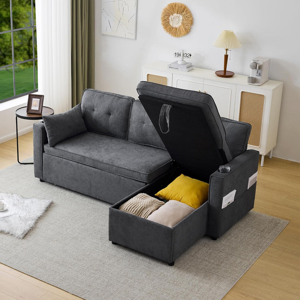 Sofá Cama Chaise Longue 3 Plazas Reversible con Portavasos y Bolsillos Laterales, Gris
