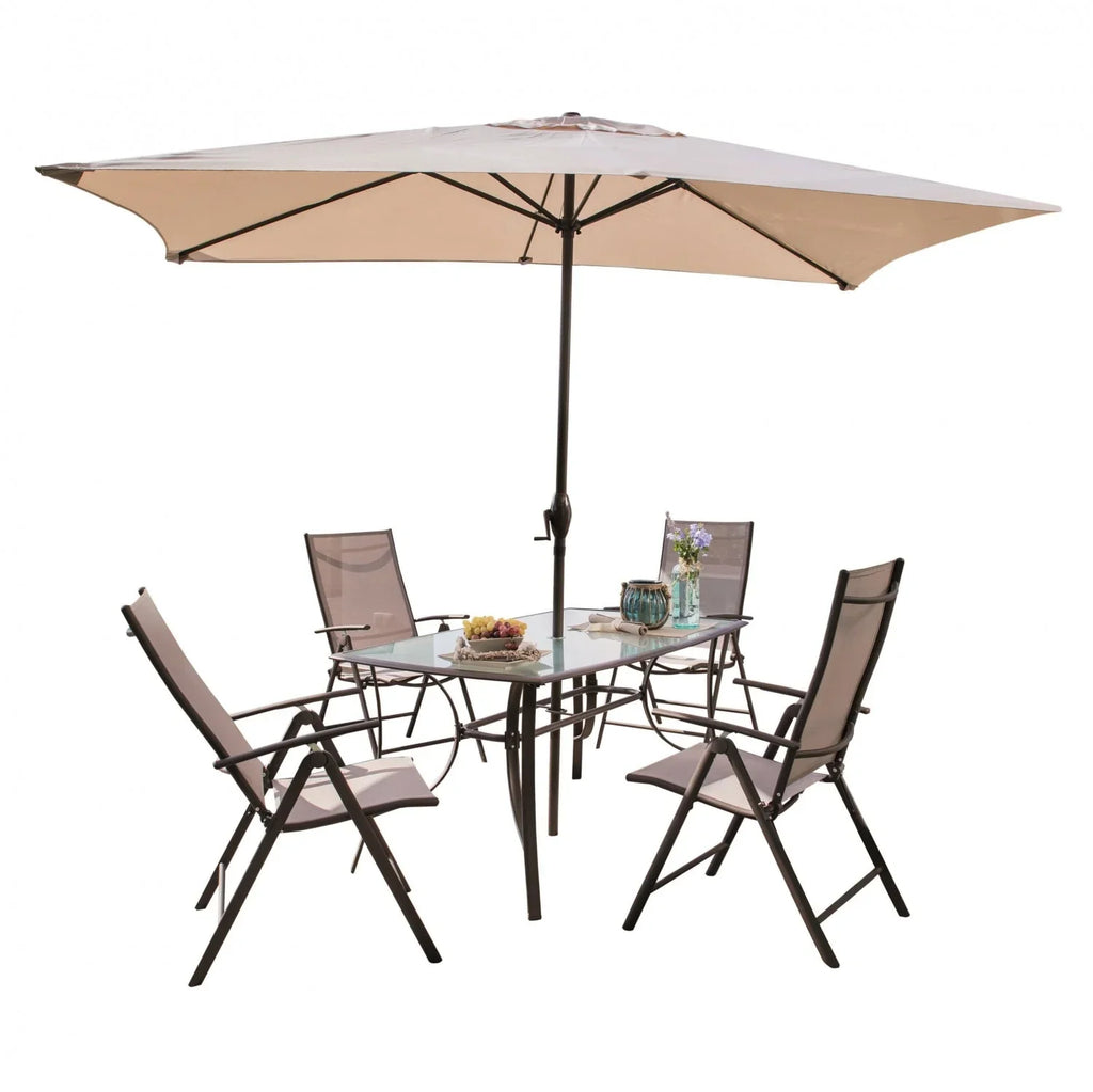 Conjunto de Jardín Málaga de Acero: Mesa, 4 Sillones Reclinables y Parasol