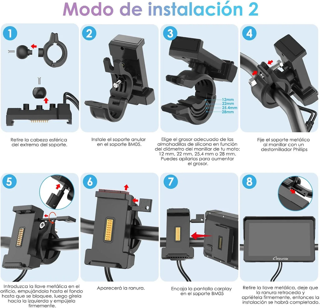 CARPURIDE W702S Pro Pantalla CarPlay para Moto 7" con Soporte BM05, Android Auto Inalámbrico