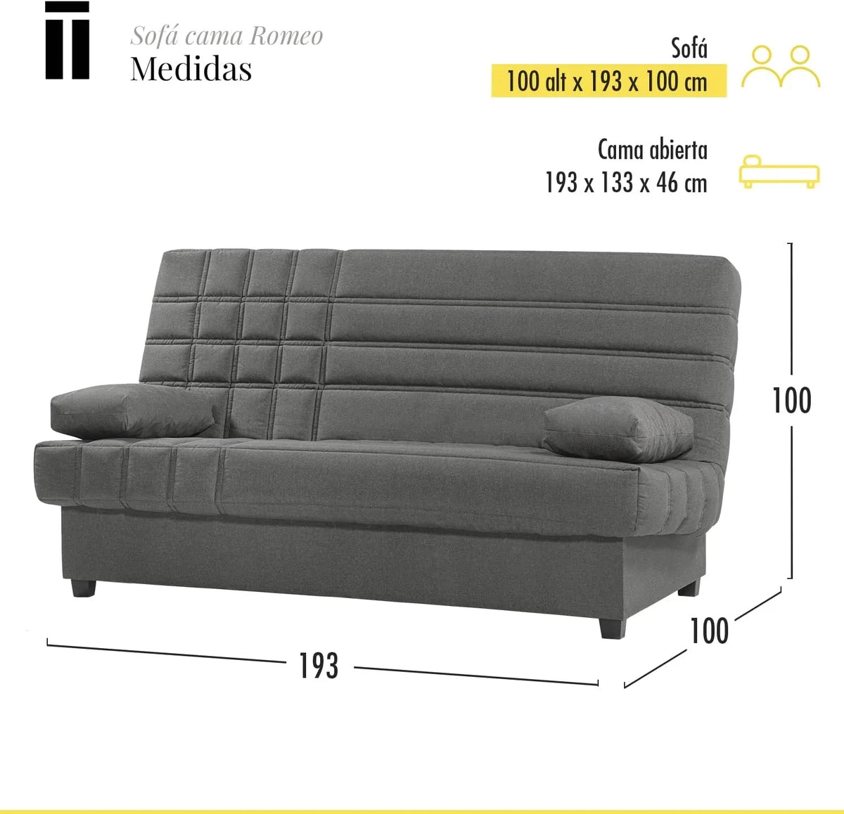 SHIITO Romeo Sofá Cama 3 Plazas Clic-Clac con Arcón y 2 Cojines, Gris Oscuro