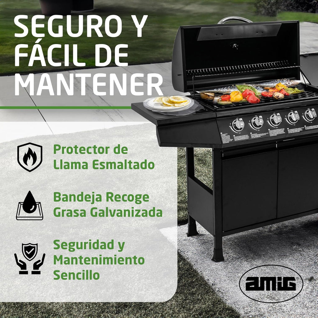 Amig Fireplus 6+1 Barbacoa de Gas 12,9 kW con 7 Quemadores, Carro y Termómetro, Inox Negro