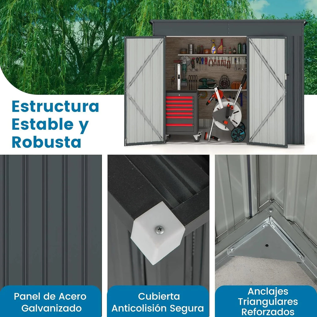 COSTWAY Caseta de Jardín Metálica 235 x 117 x 185 cm con 2 Puertas y Techo Inclinado, Gris