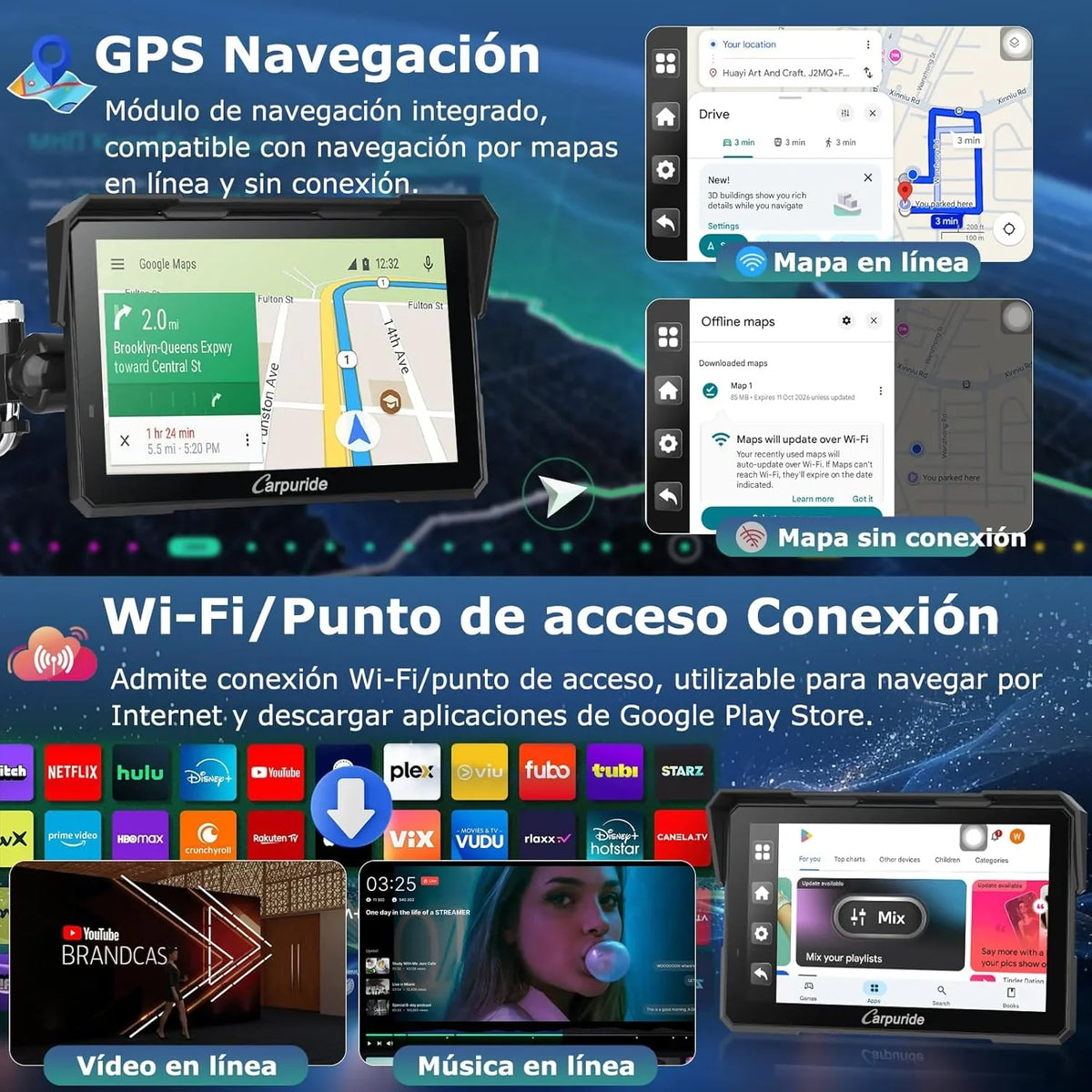 Carpuride W702 Plus Pantalla CarPlay para Moto 7" Android, CarPlay y Android Auto Inalámbricos, Doble Cámara