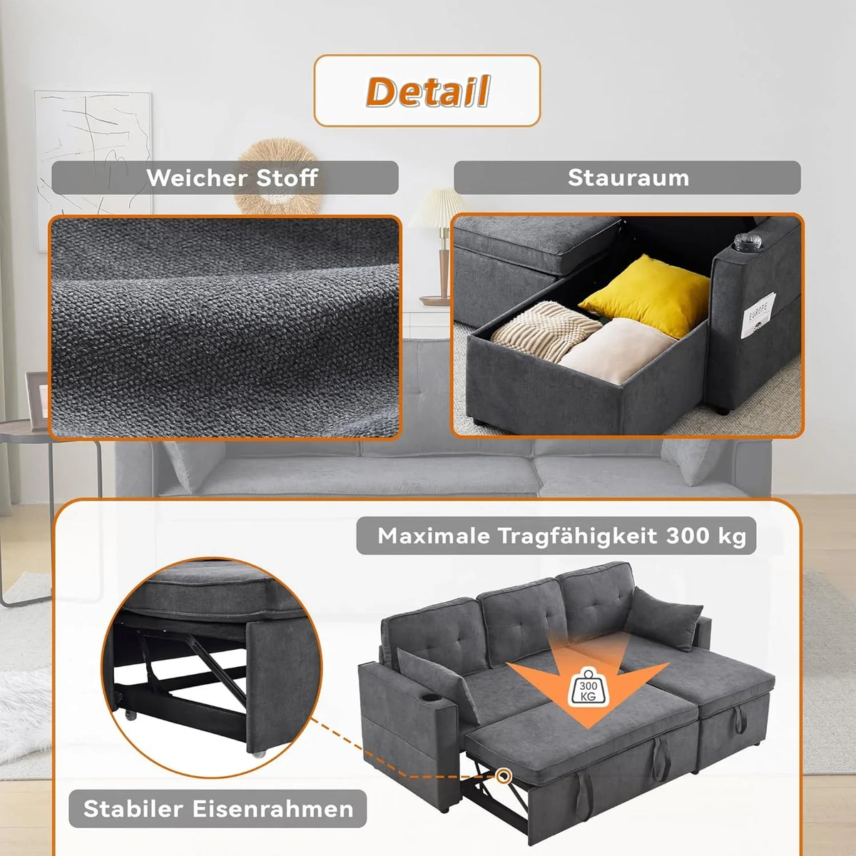Sofá Cama Chaise Longue 3 Plazas Reversible con Portavasos y Bolsillos Laterales, Gris