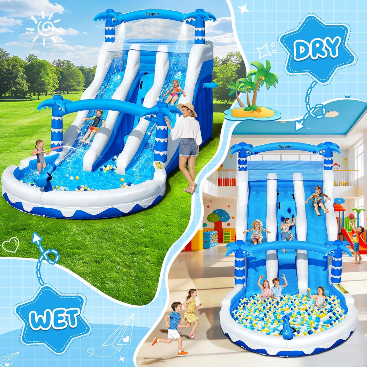 Castillo Hinchable XXL con 2 Toboganes de Agua, Piscina y Rocódromo, 630 x 290 x 285 cm