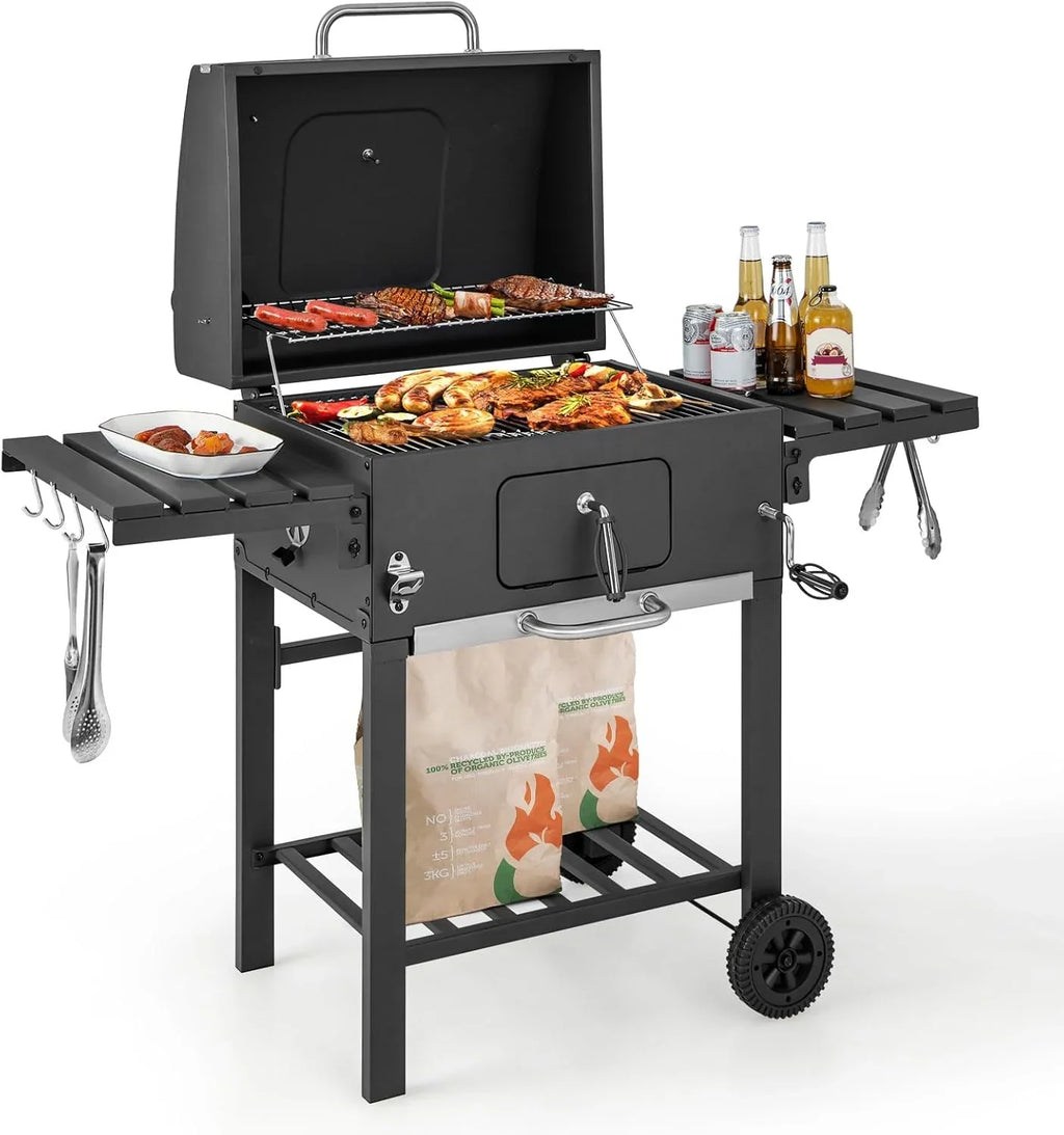 COSTWAY Barbacoa de Carbón XXL 128 x 54 x 117 cm con Tapa, Termómetro, Mesas Plegables y Ruedas
