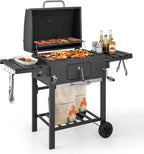 COSTWAY Barbacoa de Carbón XXL 128 x 54 x 117 cm con Tapa, Termómetro, Mesas Plegables y Ruedas