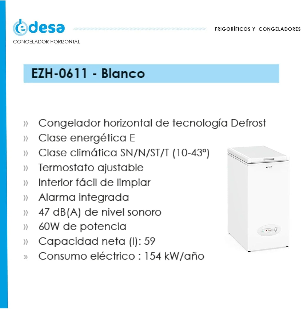 Edesa EZH-0611 Congelador Horizontal 59 L con Termostato Ajustable y Alarma, Blanco
