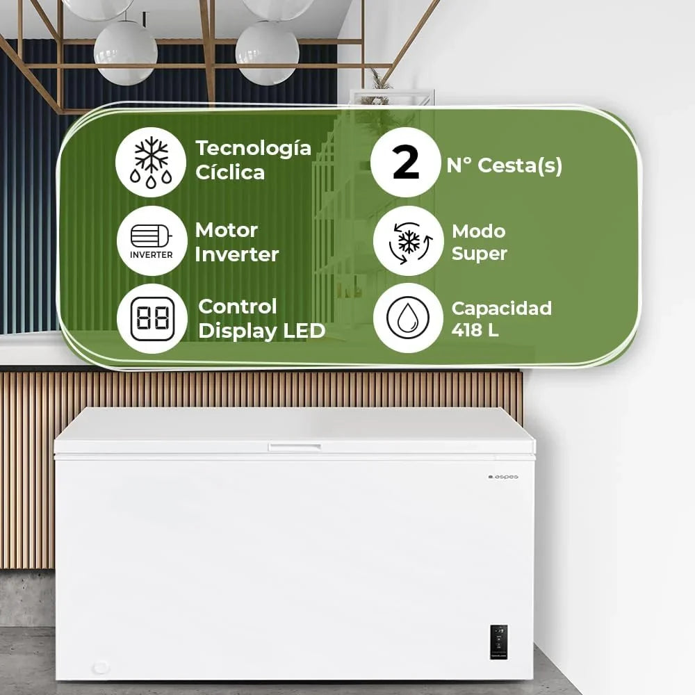 Aspes ACHH4500EDC Congelador Horizontal 418 L, Dual Cooling, Motor Inverter, 2 Cestas, Blanco