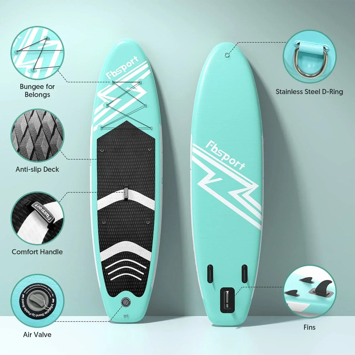 FBSPORT Tabla de Paddle Surf Hinchable 15 cm de Grosor con Remo de Aluminio y Bomba, Verde