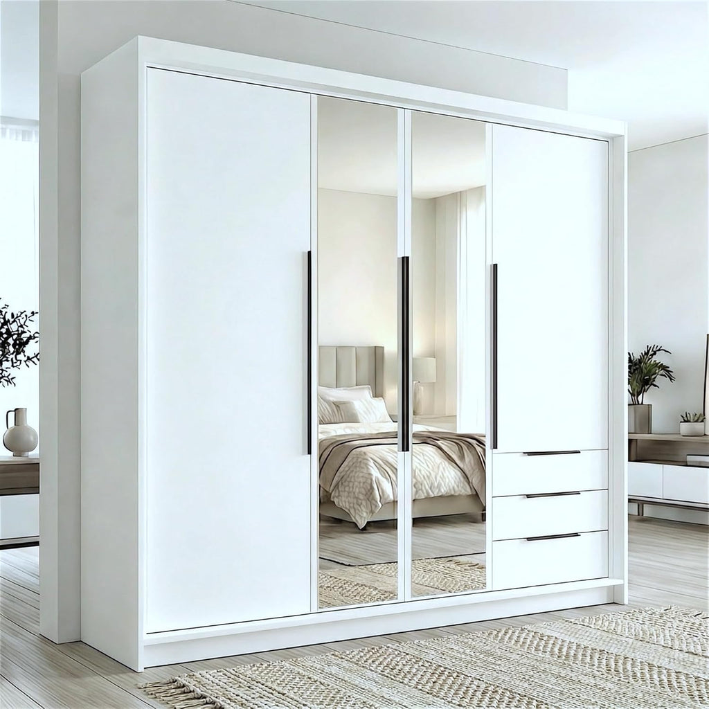 A&J MöbelLand VIVO Armario 4 Puertas con Espejo y Cajones 200 x 215 cm, Blanco