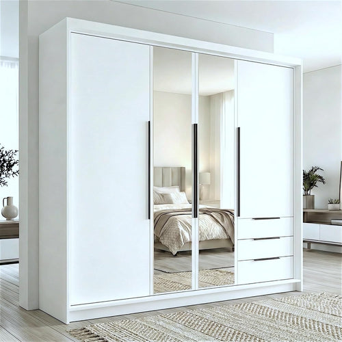 A&J MöbelLand VIVO Armario 4 Puertas con Espejo y Cajones 200 x 215 cm, Blanco