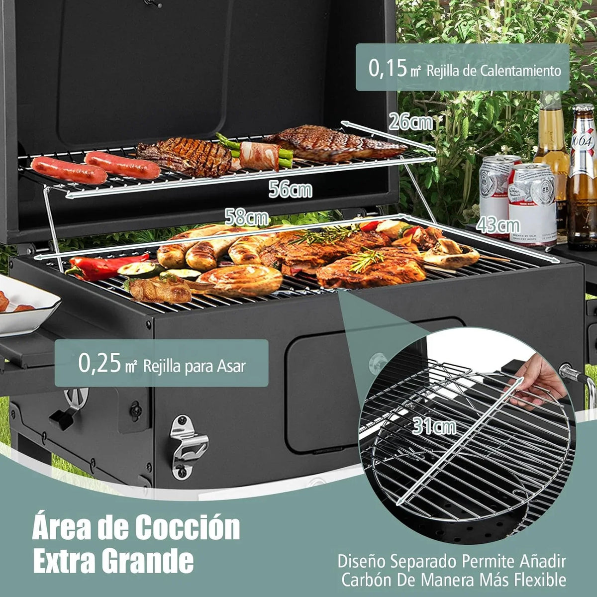COSTWAY Barbacoa de Carbón XXL 128 x 54 x 117 cm con Tapa, Termómetro, Mesas Plegables y Ruedas