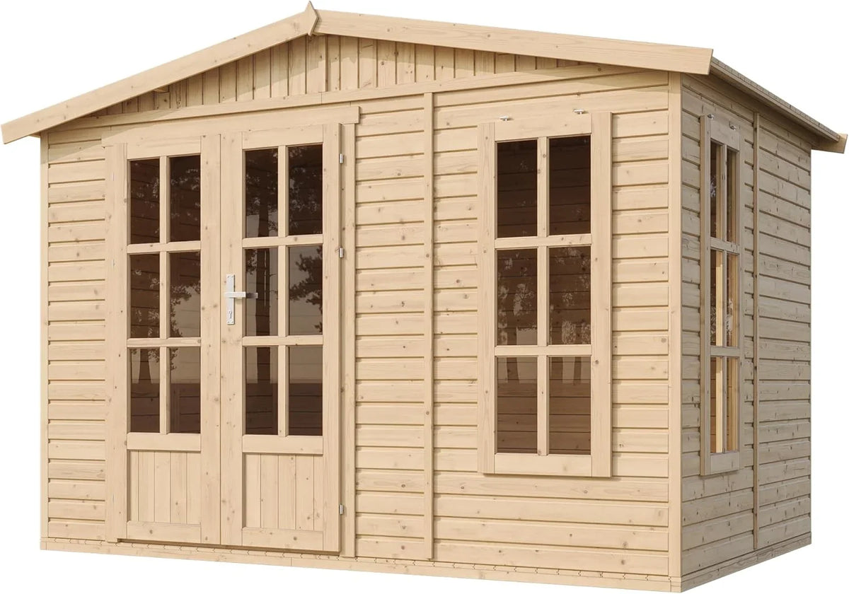 TIMBELA M334FB Caseta de Jardín de Madera 6 m² con Suelo, Ventana y Puerta Doble, Tejas Verdes
