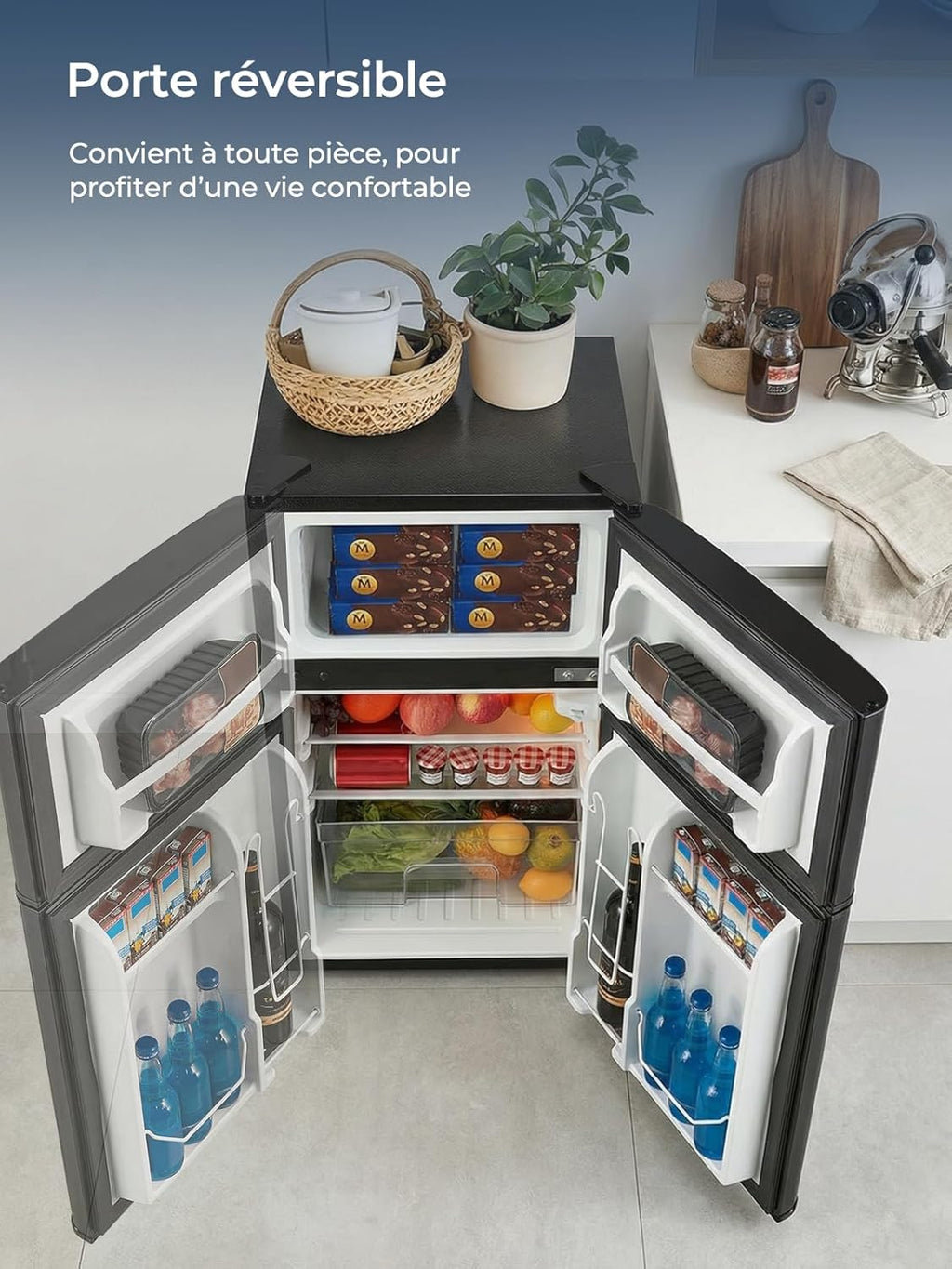 FOHERE Mini Frigorífico 90 L con Congelador de 26 L, 2 Puertas, Silencioso 43 dB
