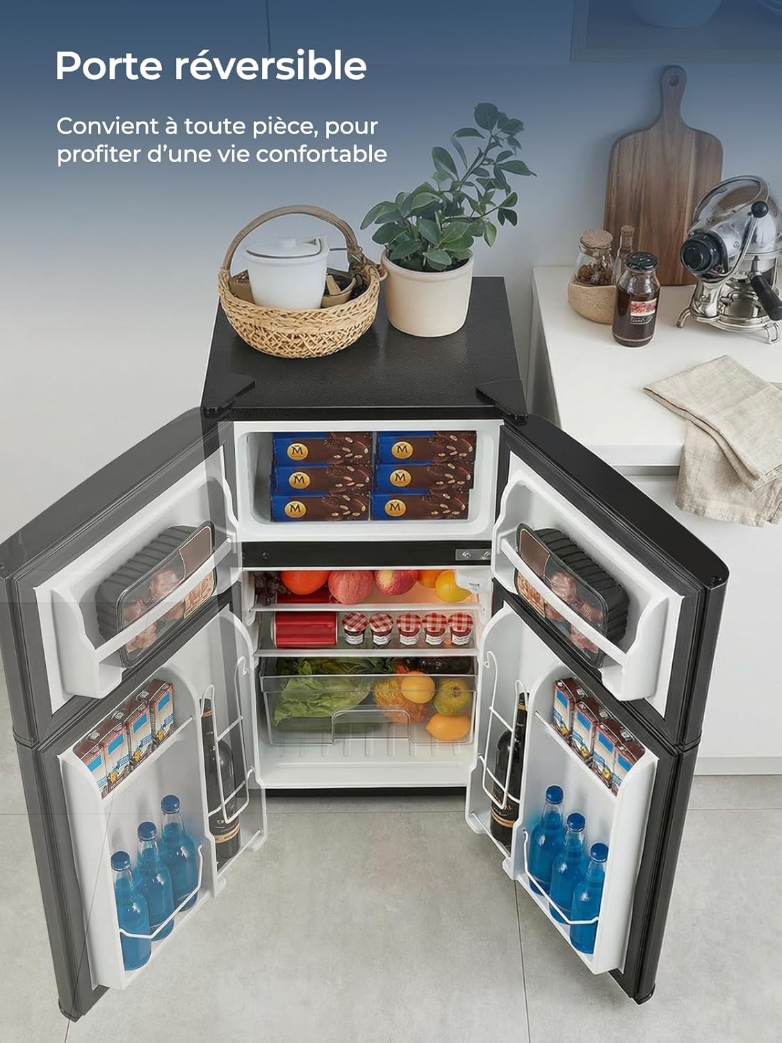 FOHERE Mini Frigorífico 90 L con Congelador de 26 L, 2 Puertas, Silencioso 43 dB