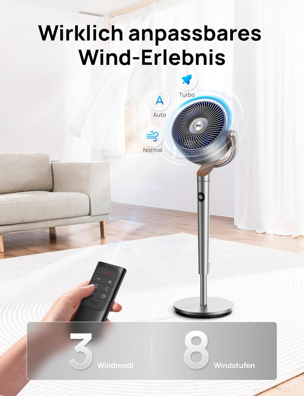 Dreo PolyFan Ventilador de Pie Silencioso 20 dB, Oscilación 120° + 120°, 1200 m³/h, 102 cm