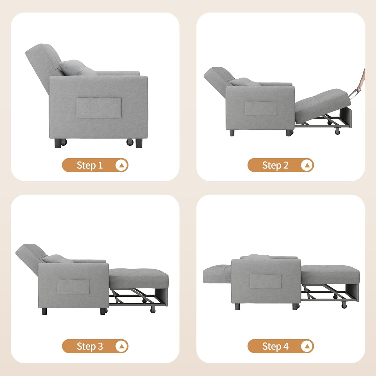 Bealife Sillón Cama Plegable con Respaldo Reclinable, Gris Claro