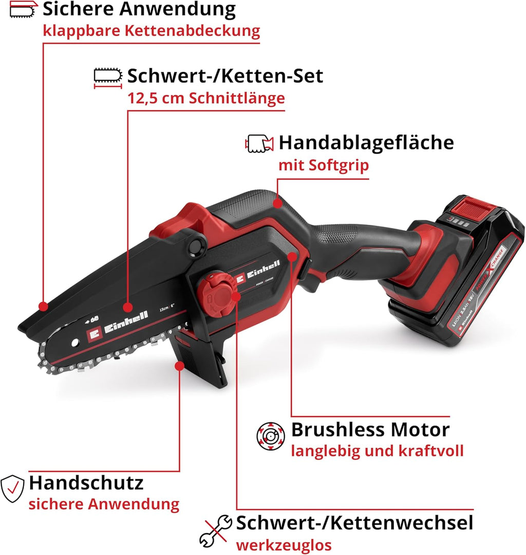 Einhell GE-PS 18/15 Li Minimotosierra de Poda a Batería 18 V Brushless, 12,5 cm, con Batería 2,5 Ah