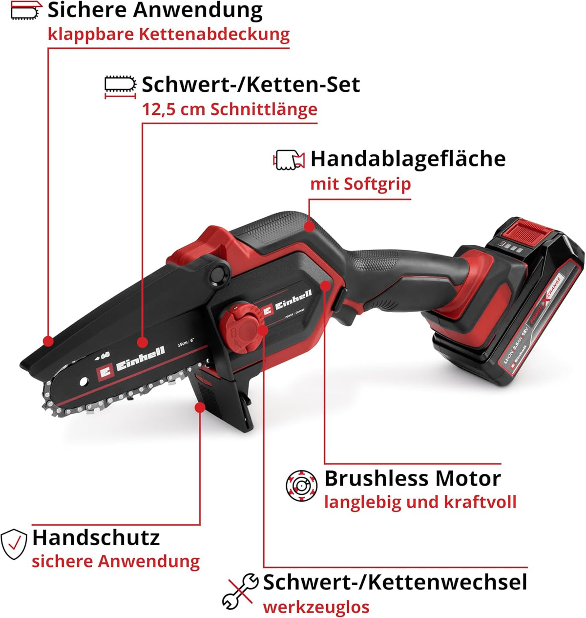 Einhell GE-PS 18/15 Li Minimotosierra de Poda a Batería 18 V Brushless, 12,5 cm, con Batería 2,5 Ah