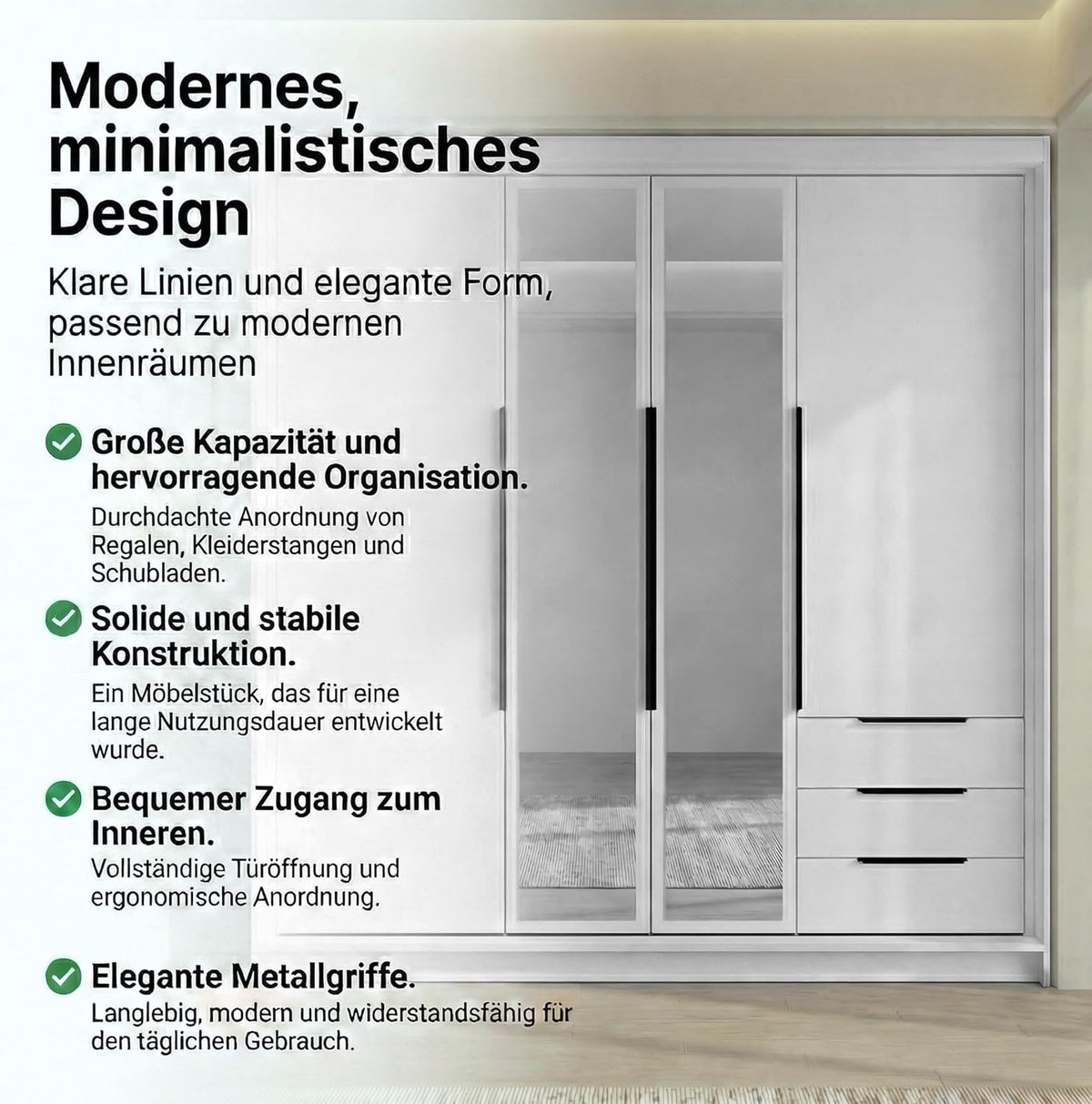 A&J MöbelLand VIVO Armario 4 Puertas con Espejo y Cajones 200 x 215 cm, Blanco
