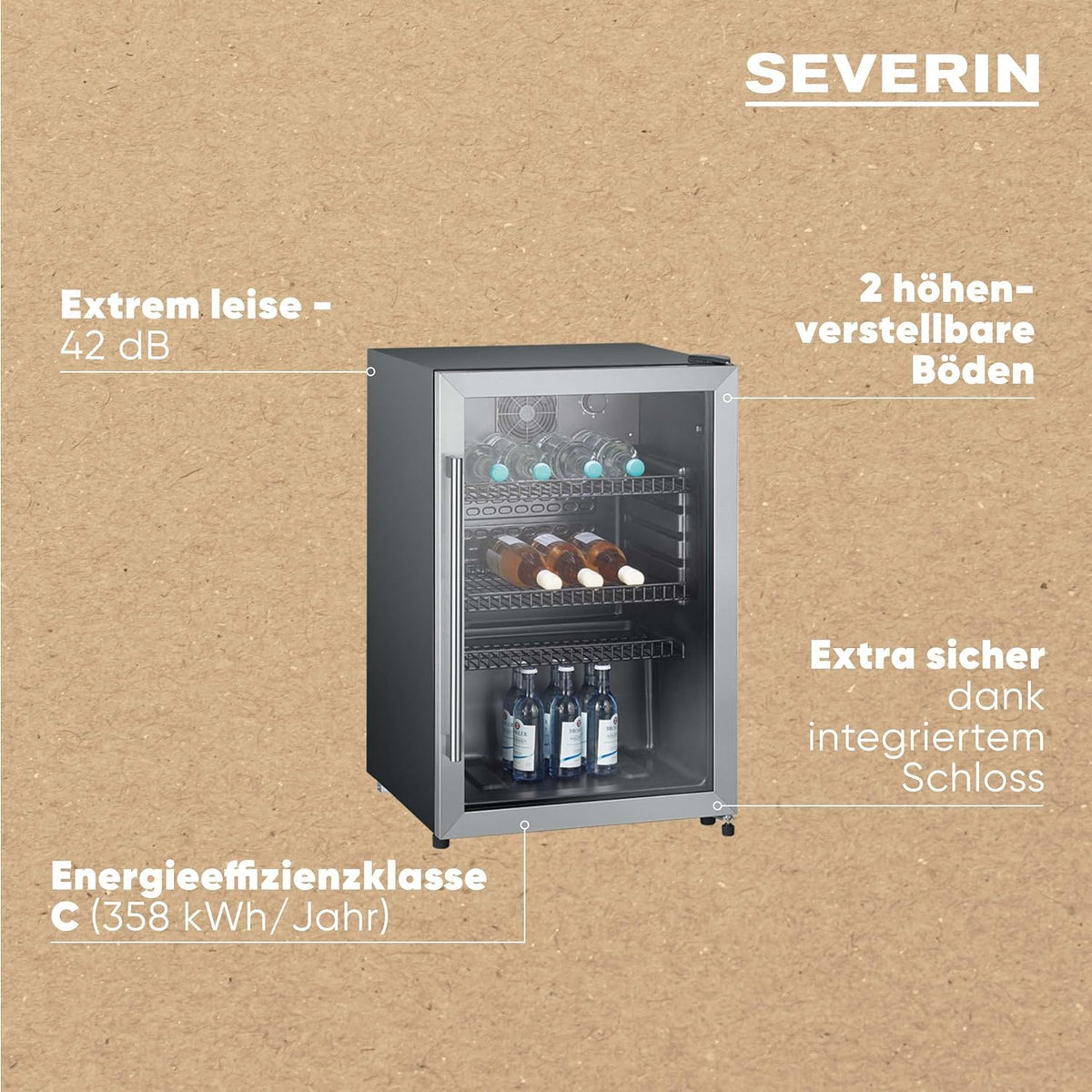 SEVERIN FSK 8840 Nevera para Botellas con Cerradura y Luz LED, 118 L, Negro/Plata
